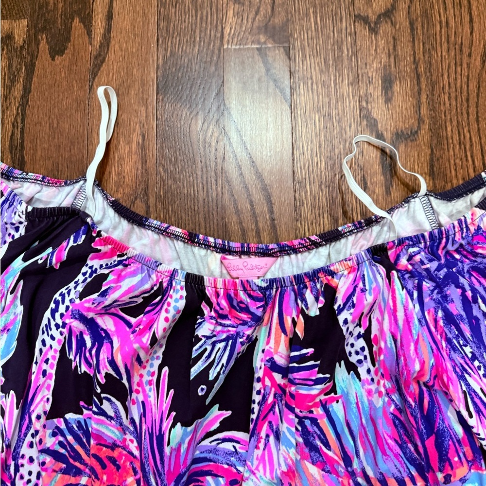 LILLY PULITZER Lana off shoulder romper in Bright Navy Palms - Picture 8 of 9
